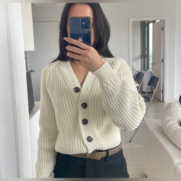 Everlane The Texture Cotton Cardigan Ivory Women’s Size M Cotton Blend button up - Picture 2 of 16